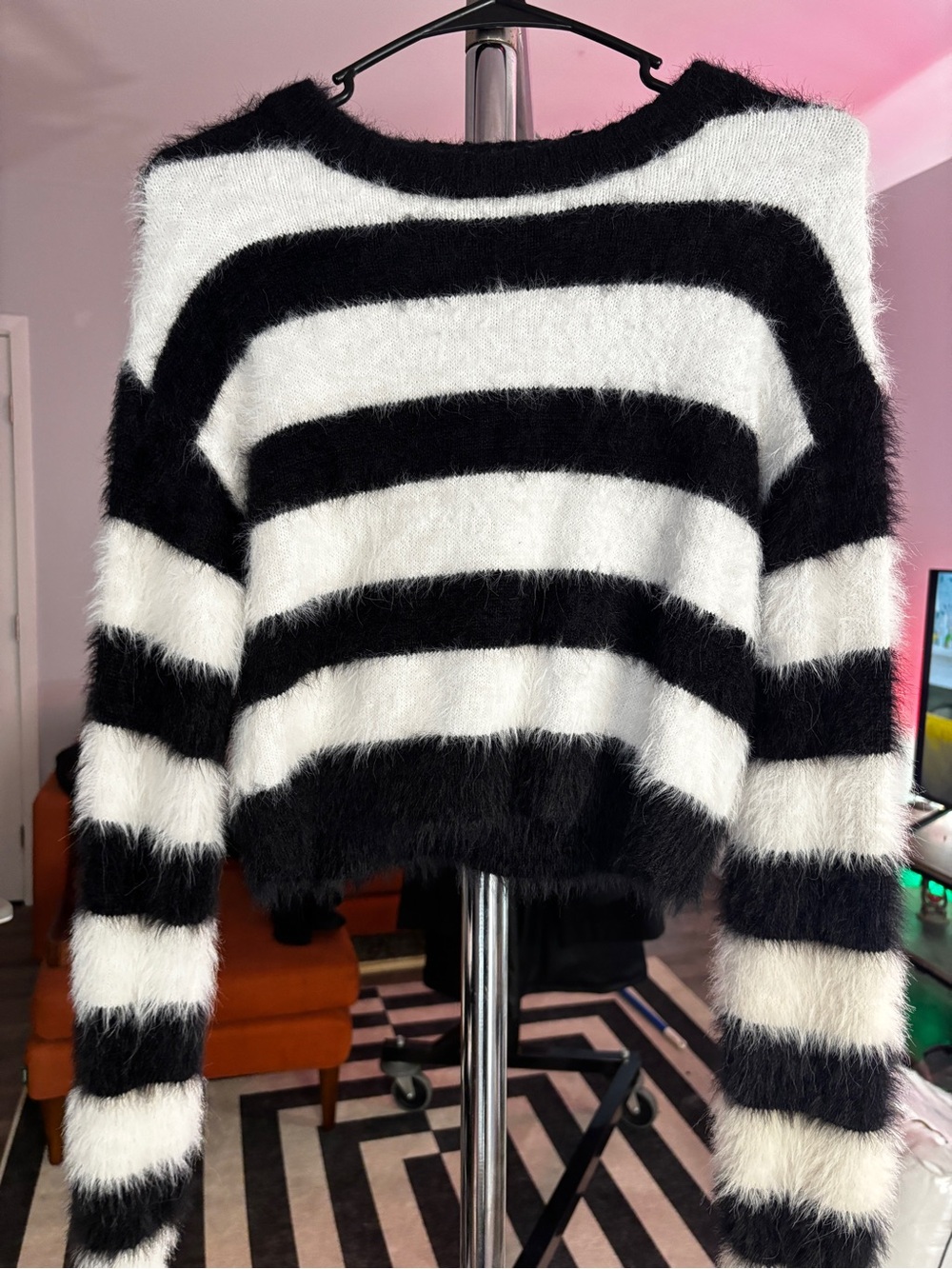 Cozy Black & White Striped Fuzzy cropped Sweater